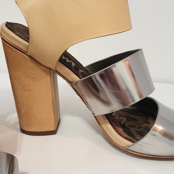 Sam Edelman "Yelena" Metallic Mirror Strap Nude Chunky Block Heels - Picture 8 of 12